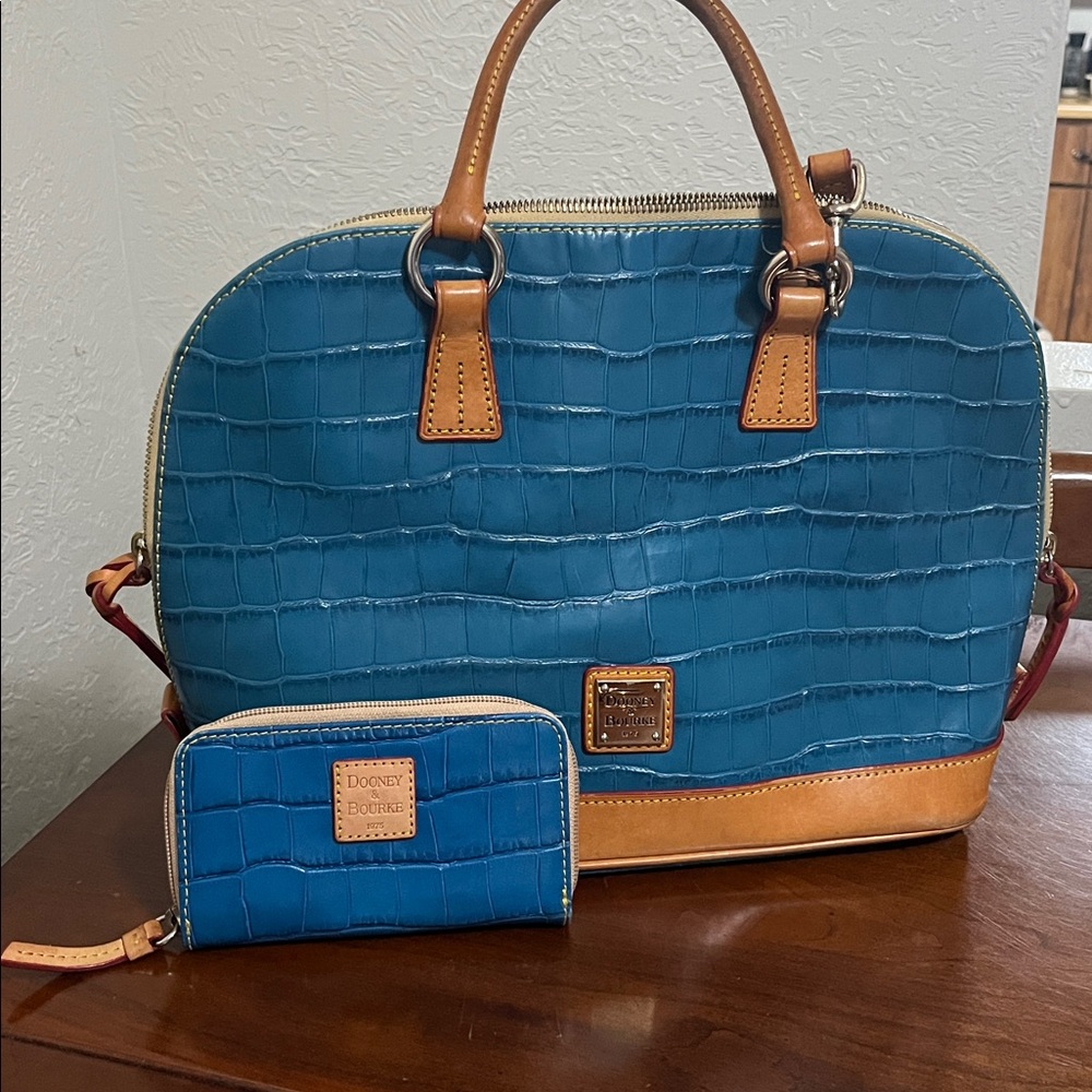 Dooney & Bourke Croc Teal and Tan Satchel